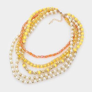 NEW Orange Yellow Pearl Beaded Layered Statement Necklace